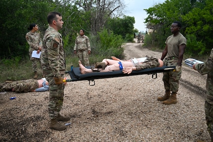 433rd Medical Group Reserve Airmen participate in a mass-casualty response training event Sep. 6, 2025, at Camp Bramble, located on Joint Base San Antonio-Lackland, Texas.