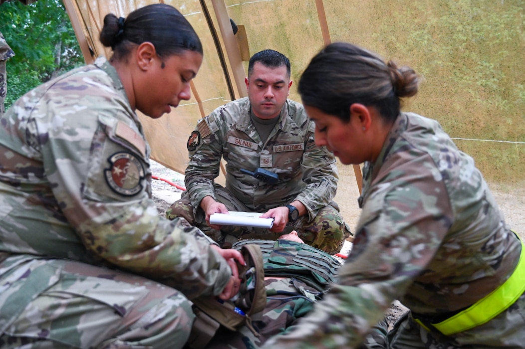 433rd Medical Group Reserve Airmen participate in a mass-casualty response training event Sep. 6, 2025, at Camp Bramble, located on Joint Base San Antonio-Lackland, Texas.