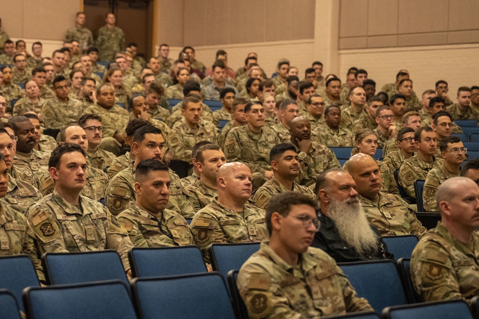 Team McConnell attends an all-call at McConnell Air Force Base, Kansas, Sept. 4, 2025. Col. Joe Wall, 22nd Air Refueling Wing commander, hosted his first all-call to establish his priorities and goals for his command. (U.S. Air Force photo by Senior Airman Felicia Przydzial)
