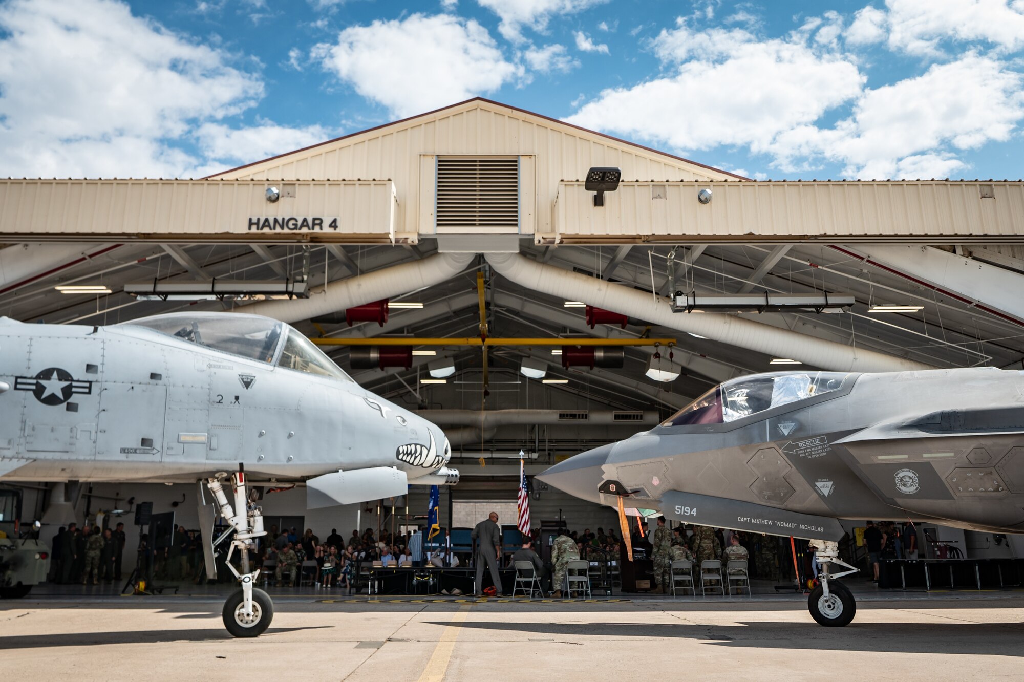 An A-10 Thunderbolt II and an F-35 Lightning II sit nose-to-nose outside Hangar 4 during the 924th Fighter Group inactivation ceremony Sept. 6, 2025, at Davis-Monthan Air Force Base, Ariz. The display symbolized the transition from the A-10 era to the future of the 47th Fighter Squadron in the F-35. (U.S. Air Force photo by Tech. Sgt. Tyler J. Bolken)