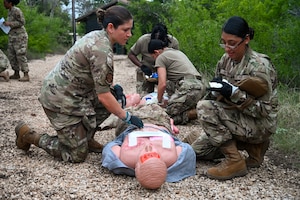 433rd Medical Group Reserve Airmen participate in a mass-casualty response training event Sep. 6, 2025, at Camp Bramble, located on Joint Base San Antonio-Lackland, Texas.