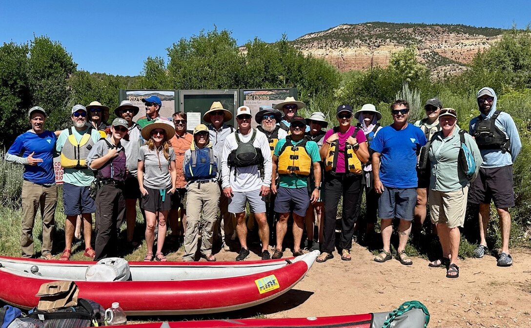 Group photo taken on the Rio Chama below El Vado Dam during an interagency rafting trip in the fall of 2024. Staff from the Albuquerque District joined staff from the Bureau of Reclamation (BOR), Albuquerque Bernalillo County Water Utility Authority (ABCWUA), and Bureau of Land Management (BLM) for the trip. Photo by Prakash Kaini.