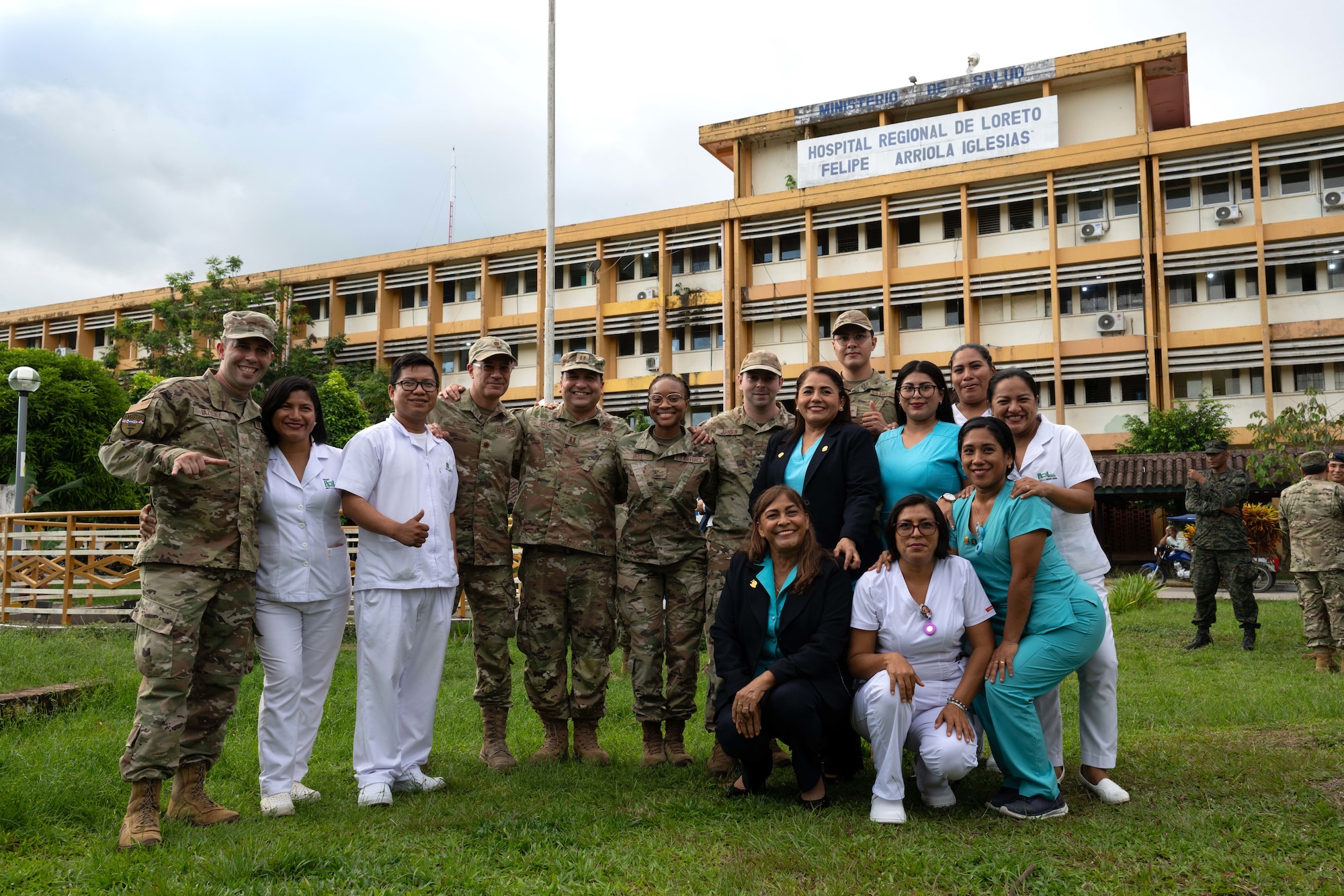 U.S. Air Force Tech. Sgt. Saul Vazquez Melendez (far left), 624th Aeromedical Staging Squadron public health specialist, along with AMISTAD 2025 team members pose in front of the Hospital Regional de Loreto in Iquitos, Peru, June 12, 2025.