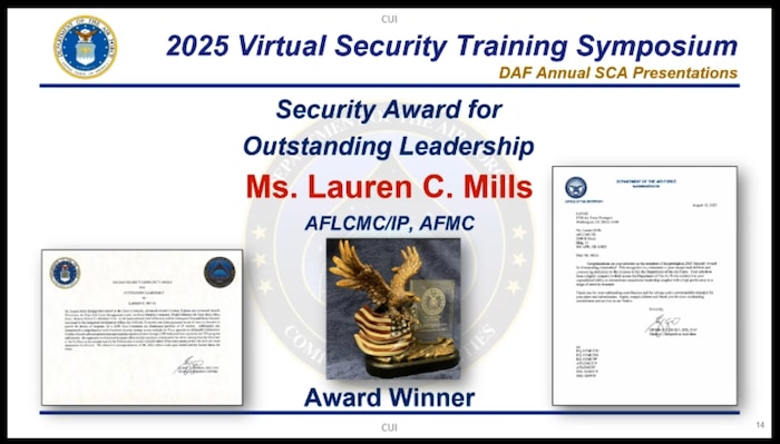 Picture of security award for Lauren Mills.