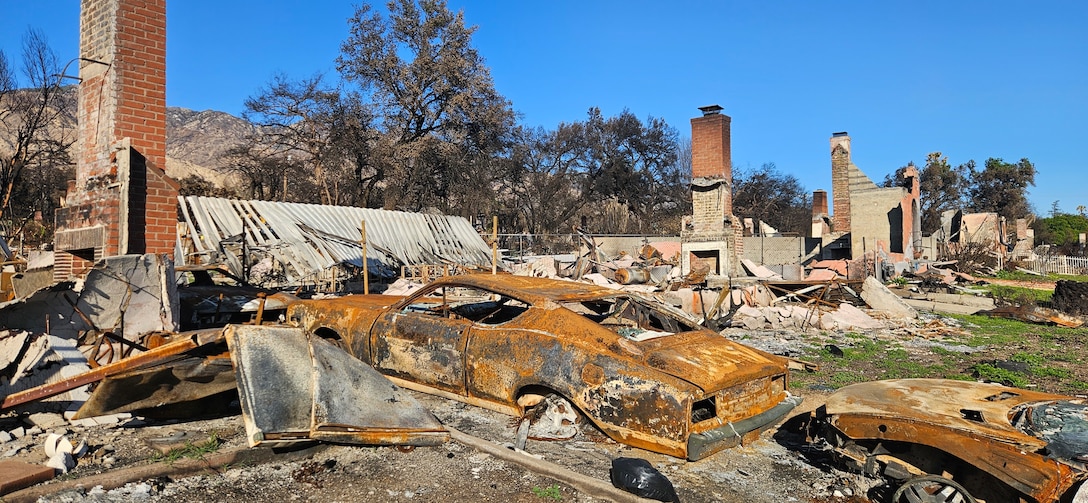 Ash and debris left after wildfires burned parts of Los Angeles in January 2025. The photographer took the photo while deployed in support of the USACE Southern California wildfires recovery mission, March 18, 2025.