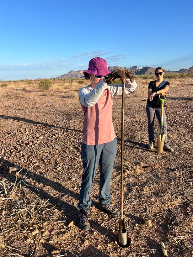 Corey Bowen, geotechnical engineer in the district’s Geotechnical Engineering Section, samples soil with a hand auger at the BLM Equestrian Facility, Goldfield, Arizona, project in Apache Junction, Ariz., July 3, 2025.