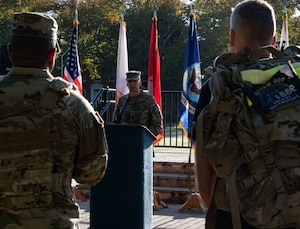 U.S. Army Col. Bryan Dunker, U.S. Army Support Activity Fort Dix commander and Joint Base McGuire-Dix-Lakehurst deputy commander, addresses service members before the “Be the Anchor” ruck march Sept. 3, 2025, at JB MDL, N.J. Service members from across the branches and Department of Defense civilians participated in the ruck march to raise suicide awareness and foster connections.