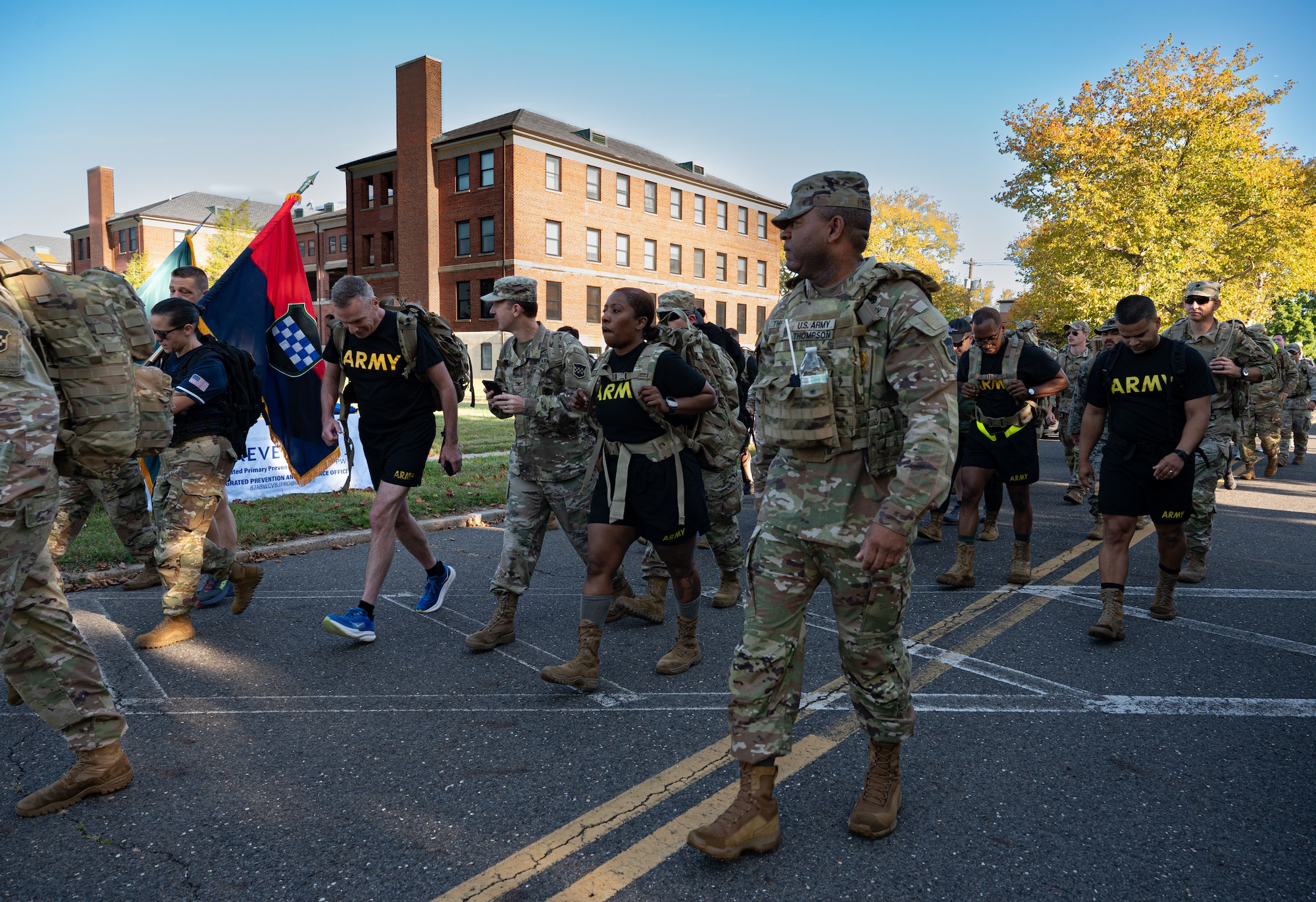 U.S. service members from multiple branches begin the “Be the Anchor” ruck march Sept. 3, 2025, at Joint Base McGuire-Dix-Lakehurst, N.J. Service members carried 22-pound ruck
sacks symbolizing the 22 veterans that lose their life daily to suicide and the emotional burden carried by individuals with suicidal ideations.
