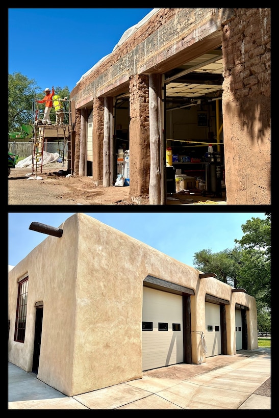 “During” (top image, taken Sept. 18, 2024) and “After” (bottom image, taken July 11, 2025) renovation and repair work at the Conchas Lake administration building. 

The exterior elements were refreshed and include full-depth stucco replacement, adobe repairs, new windows, garage doors, sidewalks, and wood elements throughout. The work began in May 2024 and is currently finishing up.