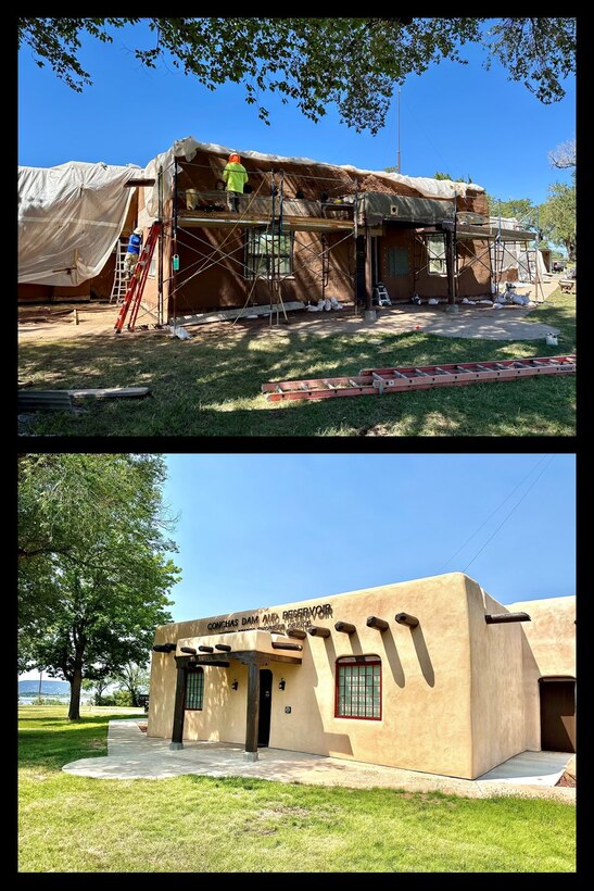 “During” (top image, taken Sept. 18, 2024) and “After” (bottom image, taken July 11, 2025) renovation and repair work at the Conchas Lake administration building. 

The exterior elements were refreshed and include full-depth stucco replacement, adobe repairs, new windows, garage doors, sidewalks, and wood elements throughout. Hidden vigas were discovered during stucco replacement and were restored to original conditions. The work began in May 2024 and is currently finishing up.