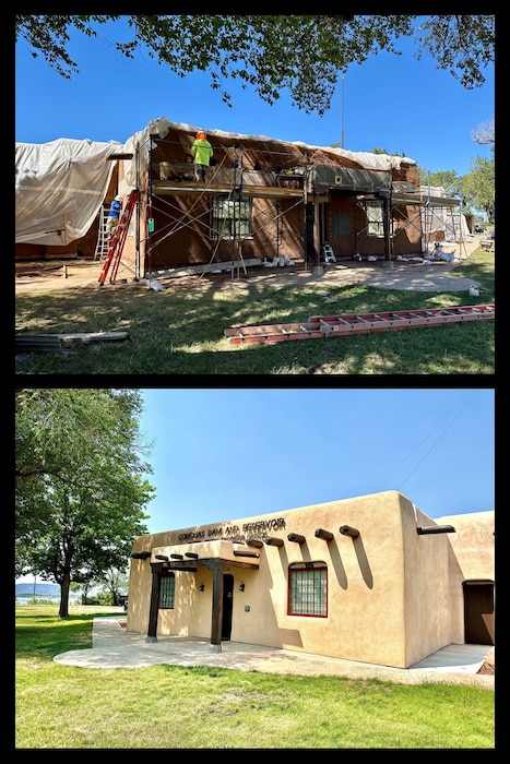 “During” (top image, taken Sept. 18, 2024) and “After” (bottom image, taken July 11, 2025) renovation and repair work at the Conchas Lake administration building. 

The exterior elements were refreshed and include full-depth stucco replacement, adobe repairs, new windows, garage doors, sidewalks, and wood elements throughout. Hidden vigas were discovered during stucco replacement and were restored to original conditions. The work began in May 2024 and is currently finishing up. Photo by Joshua Ellison.