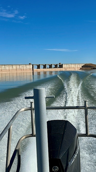 View of Conchas Dam from a boat on the lake, fall 2024. Photo by Prakash Kaini.