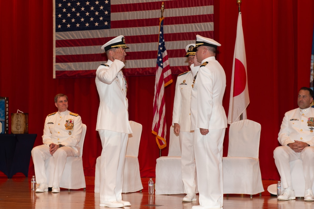 Capt. Louis Catalina, right, relieves Capt. Nicholas DeLeo, left, as commanding officer of the U.S. 7th Fleet flagship USS Blue Ridge (LCC 19) during the Blue Ridge change of command ceremony at Commander, Fleet Activities Yokosuka, Sept. 5, 2025