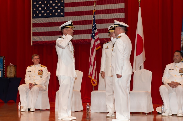 Capt. Louis Catalina, right, relieves Capt. Nicholas DeLeo, left, as commanding officer of the U.S. 7th Fleet flagship USS Blue Ridge (LCC 19) during the Blue Ridge change of command ceremony at Commander, Fleet Activities Yokosuka, Sept. 5, 2025