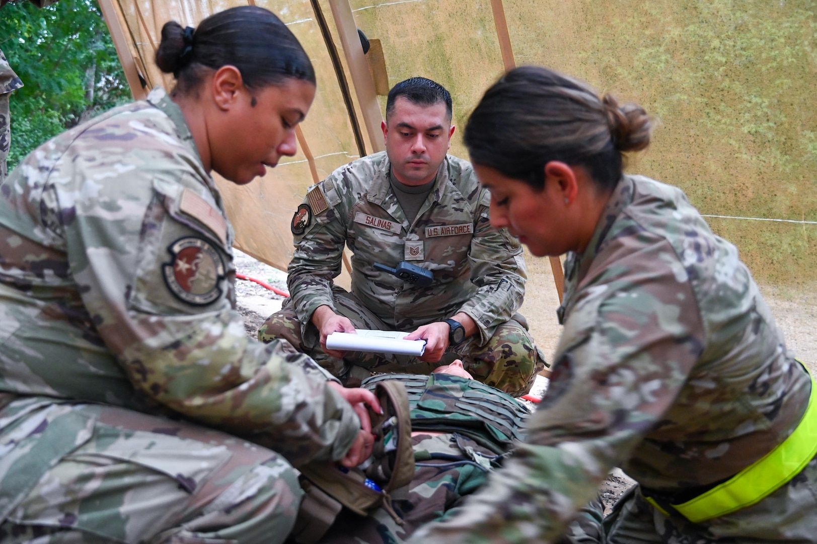 433rd Medical Group Reserve Airmen participate in a mass-casualty response training event Sep. 6, 2025, at Camp Bramble, located on Joint Base San Antonio-Lackland, Texas.