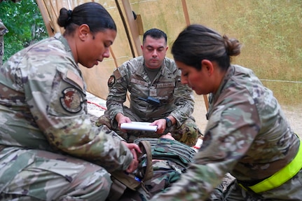 433rd Medical Group Reserve Airmen participate in a mass-casualty response training event Sep. 6, 2025, at Camp Bramble, located on Joint Base San Antonio-Lackland, Texas.