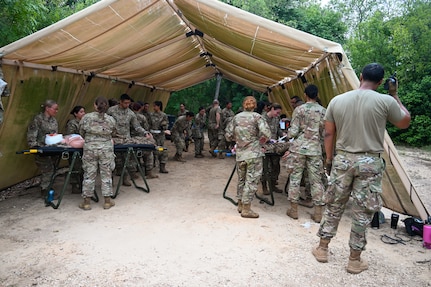 433rd Medical Group Reserve Airmen participate in a mass-casualty response training event Sep. 6, 2025, at Camp Bramble, located on Joint Base San Antonio-Lackland, Texas.