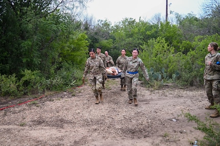 433rd Medical Group Reserve Airmen participate in a mass-casualty response training event Sep. 6, 2025, at Camp Bramble, located on Joint Base San Antonio-Lackland, Texas.