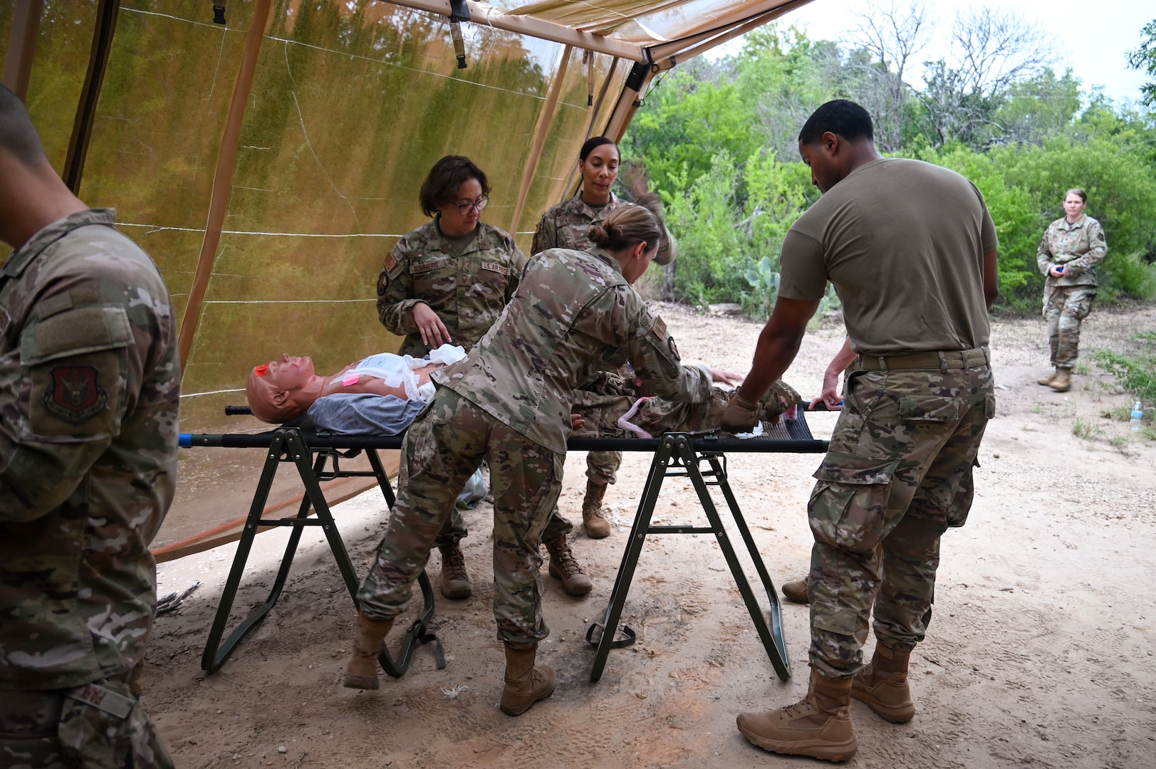 433rd Medical Group Reserve Airmen participate in a mass-casualty response training event Sep. 6, 2025, at Camp Bramble, located on Joint Base San Antonio-Lackland, Texas.