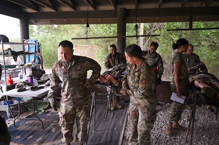 433rd Medical Group Reserve Airmen participate in a mass-casualty response training event Sep. 6, 2025, at Camp Bramble, located on Joint Base San Antonio-Lackland, Texas.