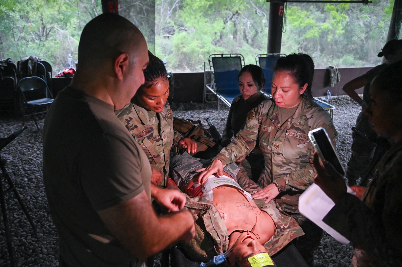 433rd Medical Group Reserve Airmen participate in a mass-casualty response training event Sep. 6, 2025, at Camp Bramble, located on Joint Base San Antonio-Lackland, Texas.