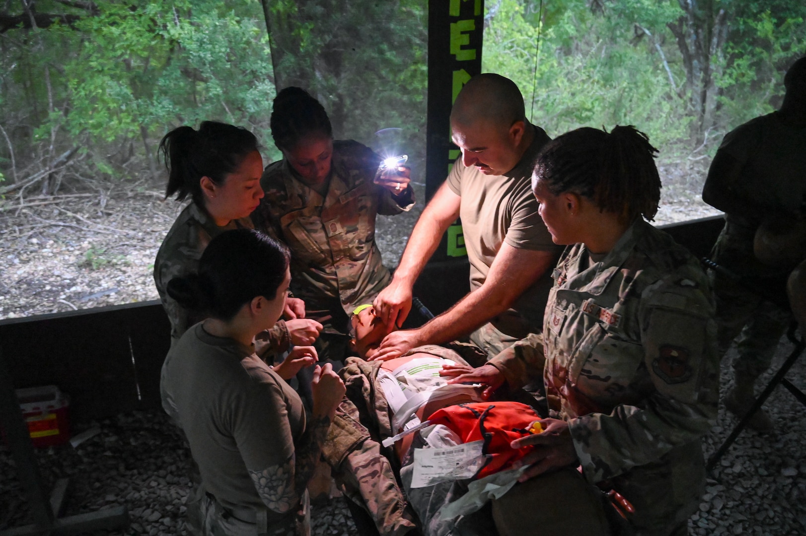 433rd Medical Group Reserve Airmen participate in a mass-casualty response training event Sep. 6, 2025, at Camp Bramble, located on Joint Base San Antonio-Lackland, Texas.