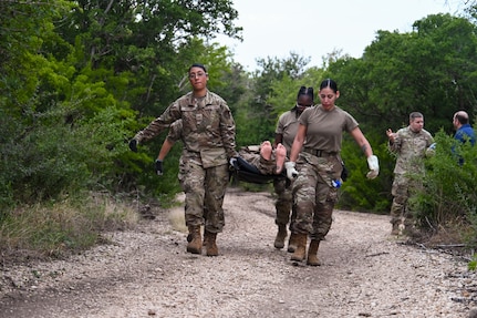 433rd Medical Group Reserve Airmen participate in a mass-casualty response training event Sep. 6, 2025, at Camp Bramble, located on Joint Base San Antonio-Lackland, Texas.