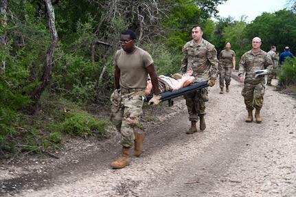 433rd Medical Group Reserve Airmen participate in a mass-casualty response training event Sep. 6, 2025, at Camp Bramble, located on Joint Base San Antonio-Lackland, Texas.