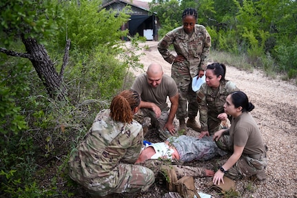 433rd Medical Group Reserve Airmen participate in a mass-casualty response training event Sep. 6, 2025, at Camp Bramble, located on Joint Base San Antonio-Lackland, Texas.