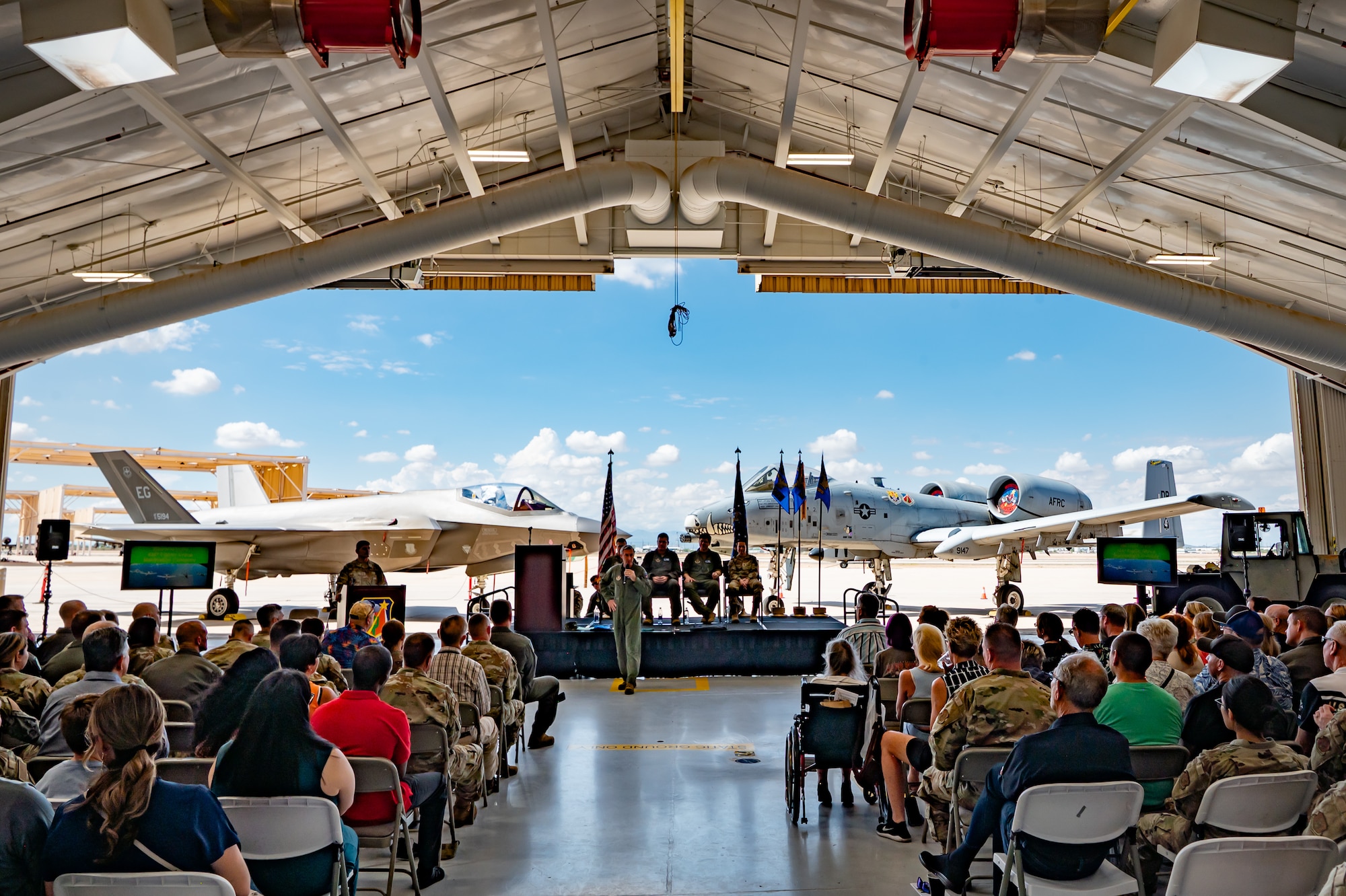 Maj. Gen. (Ret) Bruce “Lite” Miller, former 10th Air Force commander, delivers keynote remarks during the 924th Fighter Group inactivation ceremony Sept. 6, 2025, at Davis-Monthan Air Force Base, Ariz. Miller reminded attendees the occasion was not just an ending, but a celebration of heritage and legacy. (U.S. Air Force photo by Tech. Sgt. Tyler J. Bolken)