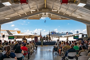 Maj. Gen. (Ret) Bruce “Lite” Miller, former 10th Air Force commander, delivers keynote remarks during the 924th Fighter Group inactivation ceremony Sept. 6, 2025, at Davis-Monthan Air Force Base, Ariz. Miller reminded attendees the occasion was not just an ending, but a celebration of heritage and legacy. (U.S. Air Force photo by Tech. Sgt. Tyler J. Bolken)