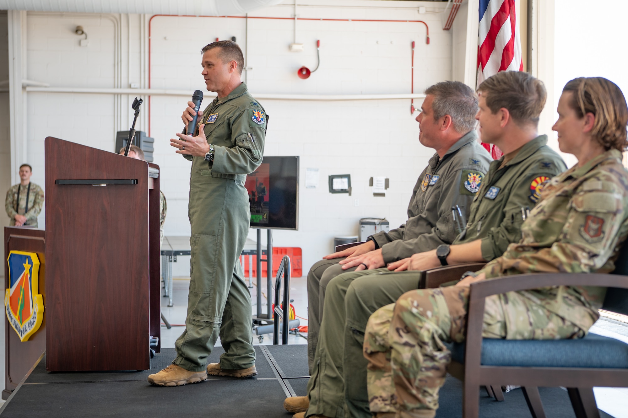 Col. Todd “Riddler” Riddle, 944th Fighter Wing commander, speaks during the 924th Fighter Group inactivation ceremony Sept. 6, 2025, at Davis-Monthan Air Force Base, Ariz. Riddle encouraged Airmen to carry the unit’s culture and traditions into the future as the 47th Fighter Squadron transitions to the F-35. (U.S. Air Force photo by Tech. Sgt. Tyler J. Bolken)