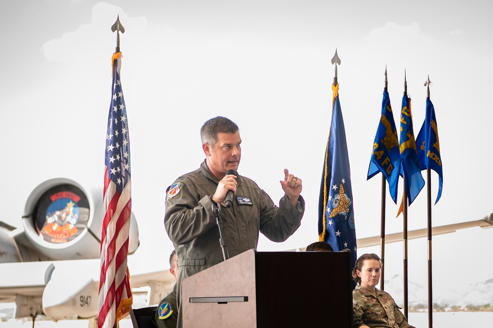 Col. Aaron “Nacho” Weedman, 924th Fighter Group commander, delivers remarks during the inactivation ceremony Sept. 6, 2025, at Davis-Monthan Air Force Base, Ariz. Weedman reflected on the group’s legacy of innovation, camaraderie, and excellence. (U.S. Air Force photo by Tech. Sgt. Tyler J. Bolken)