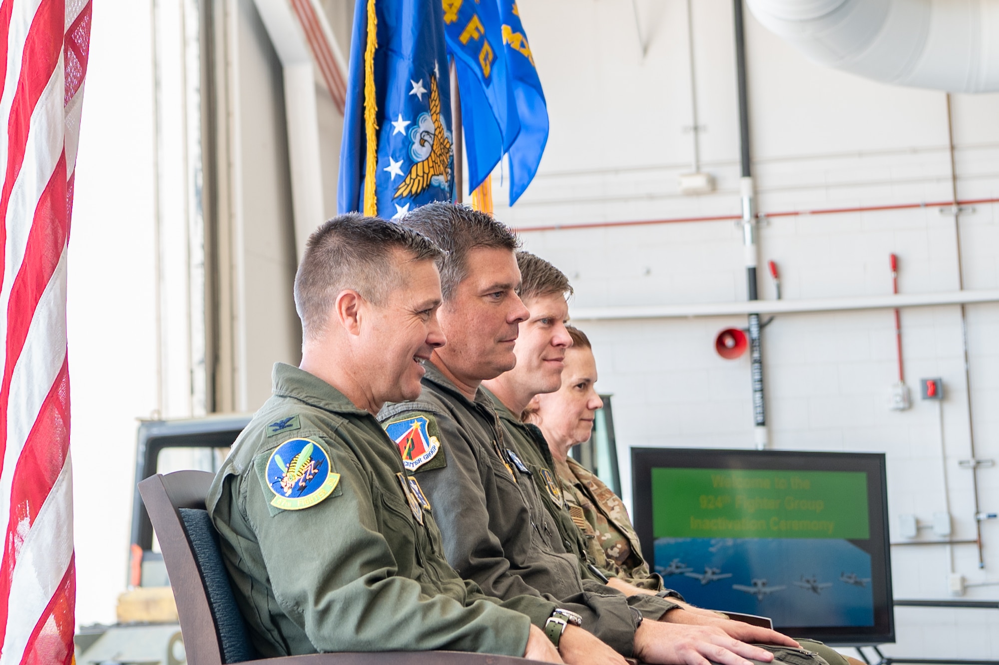 Distinguished guests and commanders from the 924th Fighter Group and 944th Fighter Wing participate in the group’s inactivation ceremony Sept. 6, 2025, at Hangar 4, Davis-Monthan Air Force Base, Ariz. The ceremony marked the end of the 924th’s A-10 chapter while honoring its lineage dating back to World War II. (U.S. Air Force photo by Tech. Sgt. Tyler J. Bolken)