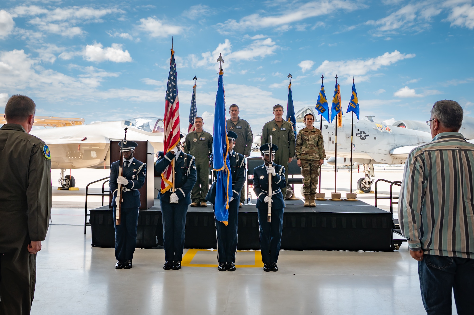 The Davis-Monthan Air Force Base Honor Guard presents the colors during the 924th Fighter Group inactivation ceremony Sept. 6, 2025, at Hangar 4, Davis-Monthan Air Force Base, Ariz. The ceremony honored the unit’s decades of heritage and A-10 operations in Tucson. (U.S. Air Force photo by Tech. Sgt. Tyler J. Bolken)