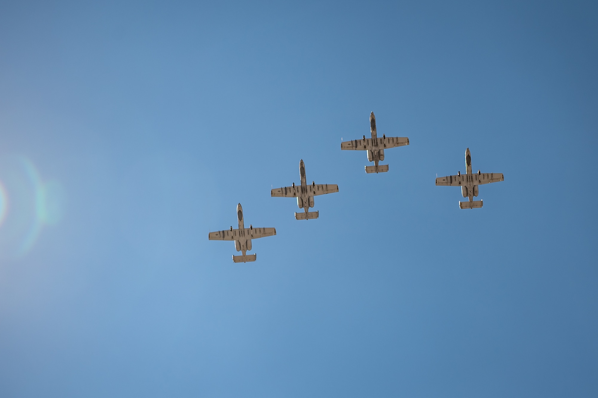 Four A-10 Thunderbolt IIs perform a final flyover during the 924th Fighter Group inactivation ceremony Sept. 6, 2025, at Davis-Monthan Air Force Base, Ariz. The formation honored the unit’s Airmen and symbolized the closing of the A-10 chapter in Tucson. (U.S. Air Force photo by Tech. Sgt. Tyler J. Bolken)