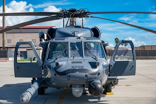 An HH-60G Pave Hawk helicopter is being prepared for its final flight