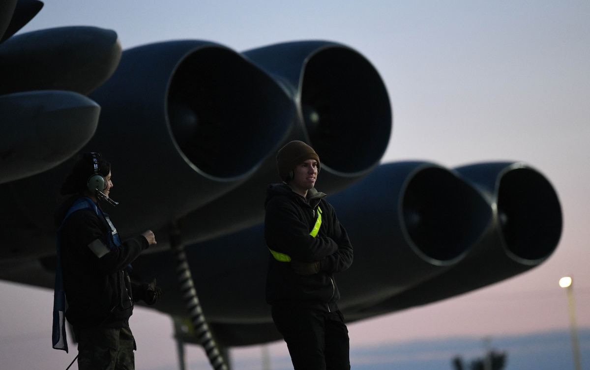 Airmen from the 5th Maintenance Group work on a B52H Stratofortress during Warbird Week at Minot Air Force, North Dakota, Sept. 8, 2025. During Warbird Week, units across the 5th Bomb Wing face a series of scenarios designed to assess their ability to generate combat air power, sustain mission operations and respond to unforeseen obstacles.