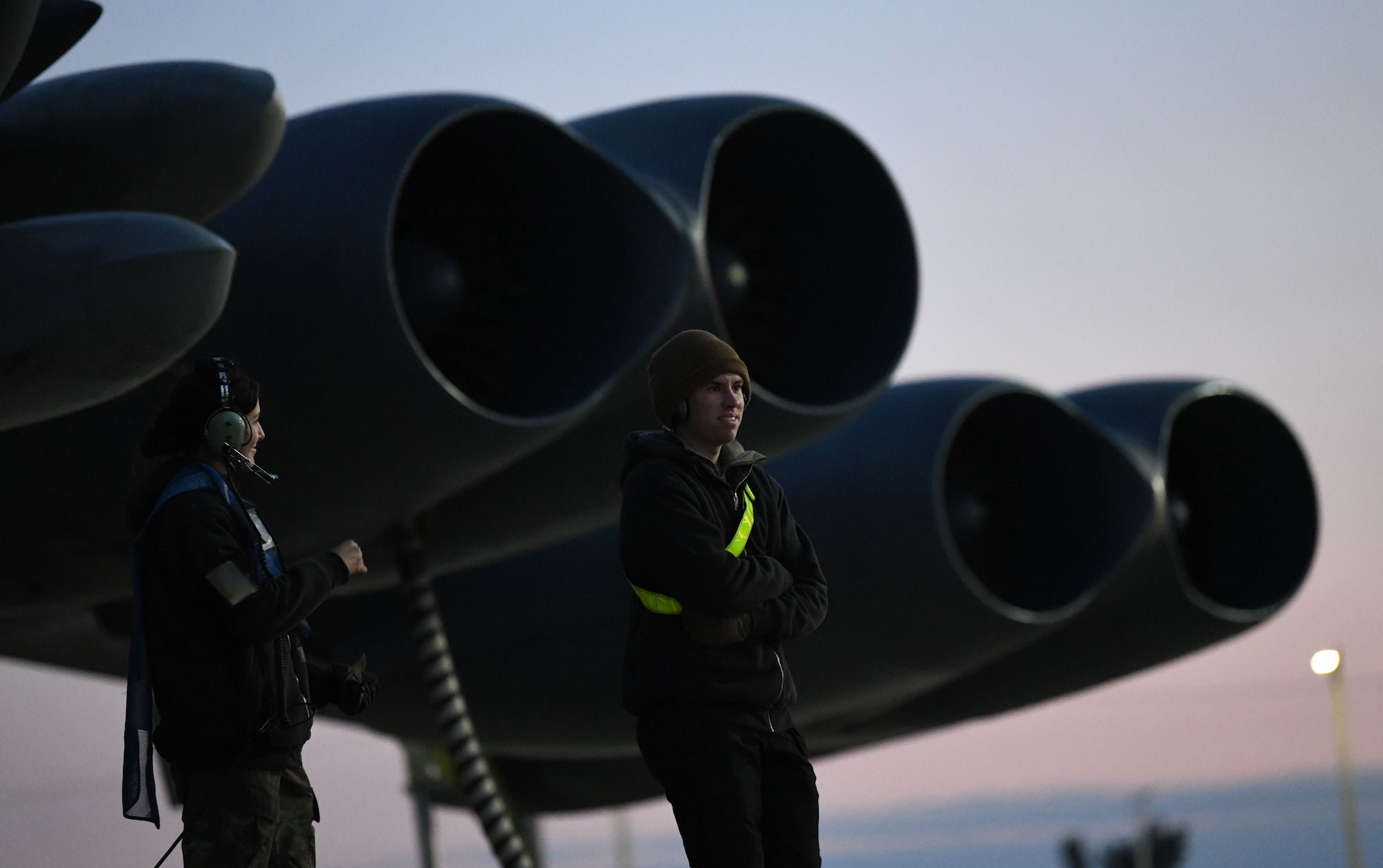 Airmen from the 5th Maintenance Group work on a B52H Stratofortress during Warbird Week at Minot Air Force, North Dakota, Sept. 8, 2025. During Warbird Week, units across the 5th Bomb Wing face a series of scenarios designed to assess their ability to generate combat air power, sustain mission operations and respond to unforeseen obstacles.
