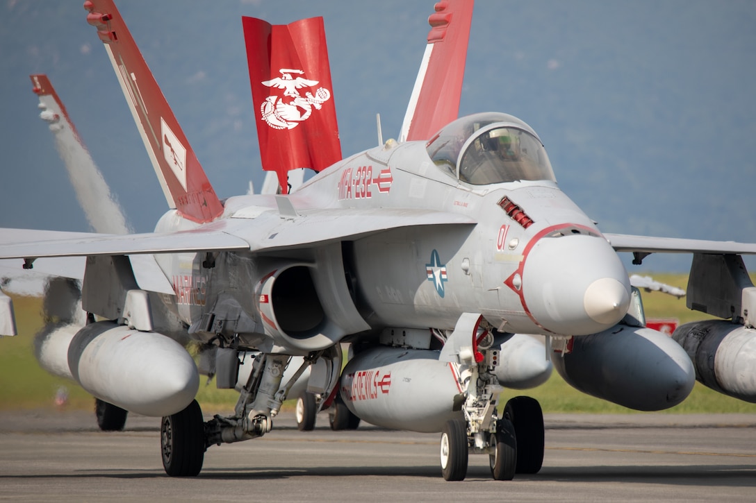 A U.S. Marine Corps F/A-18C Hornet aircraft with Marine Fighter Attack Squadron (VMFA) 232, Marine Aircraft Group 12, 1st Marine Aircraft Wing taxis the flight line at Marine Corps Air Station Iwakuni, Japan, Sep. 8, 2025.
