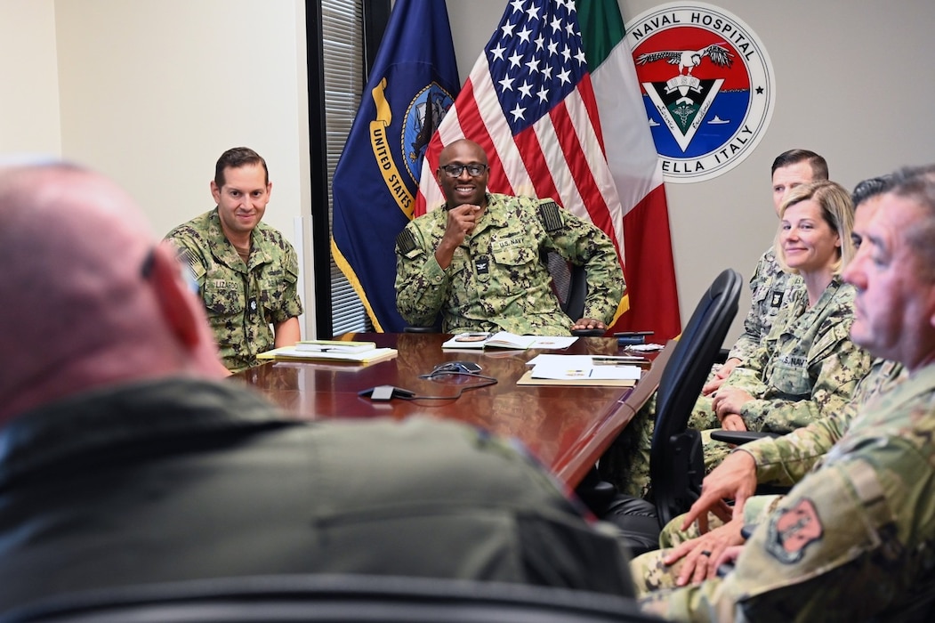 Command Master Chief Jason L. Marnne of Naval Medical Readiness Training Command (NMRTC) Sigonella, and Captain TaRail Vernon, Commanding Officer, NMRTC Sigonella, and Director of US Naval Hospital (USNH) Sigonella met with leadership from the 161st Medical Group, Arizona Air National Guard, July 14–24. Airmen from the ANG, working alongside medical personnel assigned to NMRTC Sigonella, completed Medical Facility Annual Training at U.S. Naval Hospital Sigonella. The training reinforced interoperability and advanced readiness across the Defense Health Network Europe.