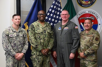 Command Master Chief Jason L. Marnne of Naval Medical Readiness Training Command (NMRTC) Sigonella, and Captain TaRail Vernon, Commanding Officer, NMRTC Sigonella, and Director of US Naval Hospital (USNH) Sigonella met with Colonel Brian Dursteler and Chief Master Sergeant George R. Silvas from the 161st Medical Group, Arizona Air National Guard, July 14–24. Airmen from the ANG, working alongside medical personnel assigned to NMRTC Sigonella, completed Medical Facility Annual Training at U.S. Naval Hospital Sigonella. The training reinforced interoperability and advanced readiness across the Defense Health Network Europe.
