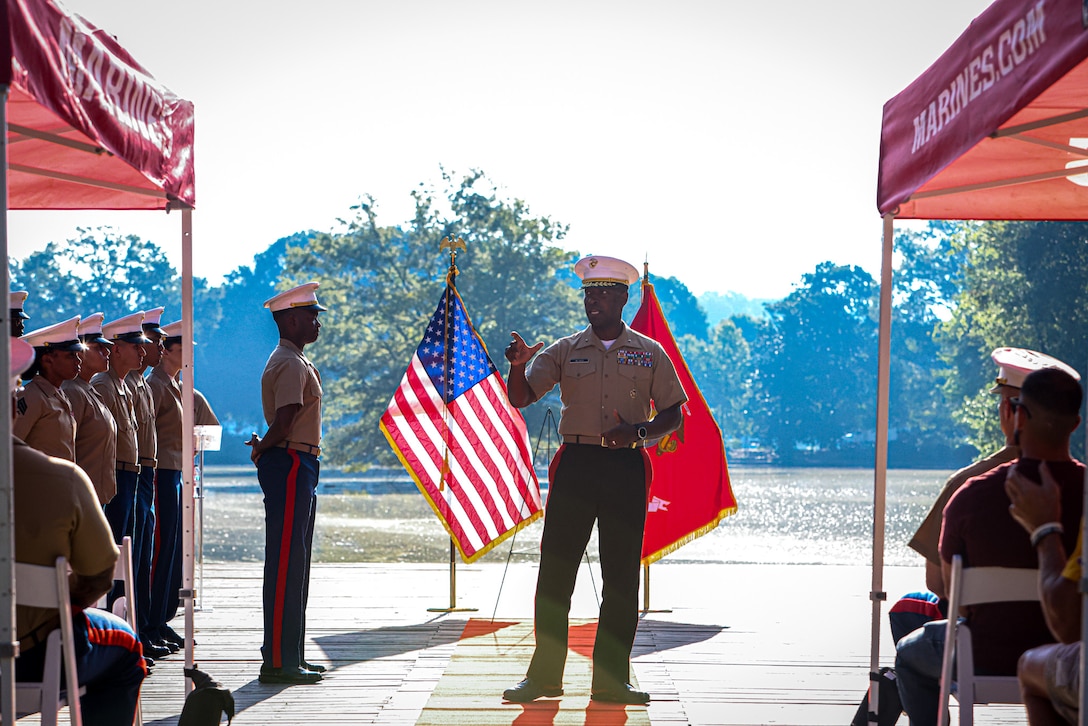 Brig. Gen. Ahmed T. Williamson, the Eastern Recruiting Region Commanding General,  speaks during the  Wreath Laying Ceremony as part of Marine Week Atlanta, Atlanta, Georgia, Aug. 30, 2025.