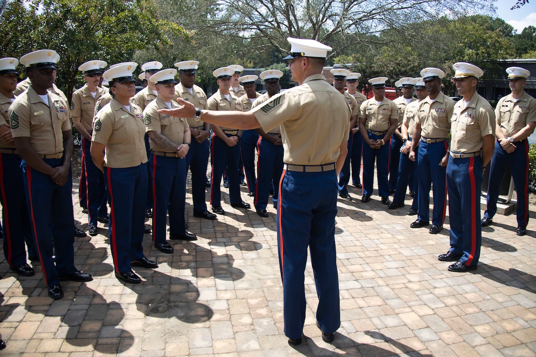 U.S. Marine Corps Sgt. Maj. Carlos A. Ruiz, the 20th Sergeant Major of the Marine Corps, visits the Military Entrance Processing Station (MEPS), Recruiting Station (RS) Atlanta, and Marine Corps League (MCL) veterans, Atlanta, Georgia, Aug. 29, 2025. During his visit, Ruiz met with MEPS staff and poolees enlisting into the military to gain a better understanding of MEPS processing, and separately, visited recruiting staff with RS Atlanta to learn about station operations. Ruiz also engaged with the MCL in order to provide updates on the Marine Corps, and assist in bridging the gap between active duty and veteran Marines. (U.S. Marine Corps photo by GySgt Jordan E. Gilbert)