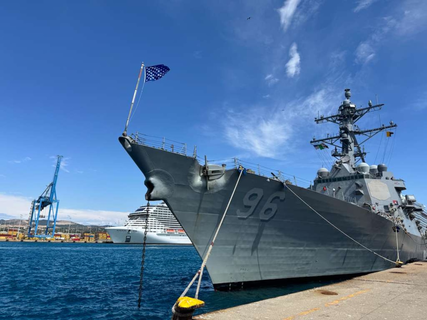 CIVITAVECCHIA, Italy (August 3, 2025) - Arleigh Burke-class guided-missile destroyer USS Bainbridge (DDG 96) arrives in Civitavecchia, Italy, for a scheduled port visit, August 3, 2025. Bainbridge, a part of Destroyer Squadron Two and Carrier Strike Group Twelve, is on a scheduled deployment in the U.S. 6th Fleet area of operations to support the warfighting effectiveness, lethality, and readiness of U.S. Naval Forces Europe-Africa, and defend U.S., Allied and partner interests in the region. (U.S. Navy Courtesy photo)
