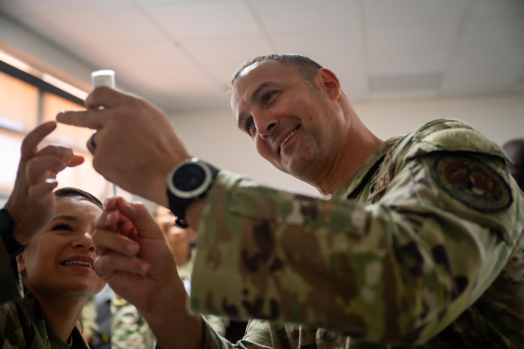 U.S. Air Force Chief Master Sgt. Brandon Wolfgang, Eighth Air Force command chief and Joint-Global Strike Operations Center senior enlisted leader, participates in a practice exercise arranged by the 7th Medical Group during a base tour at Dyess Air Force Base, Texas, Sept. 3, 2025. During his first trip to Dyess, Wolfgang immersed himself in the daily operations of the 7th Bomb Wing, connecting with the Airmen who power the mission. (U.S. Air Force photo by Airman 1st Class Adrien Tran)