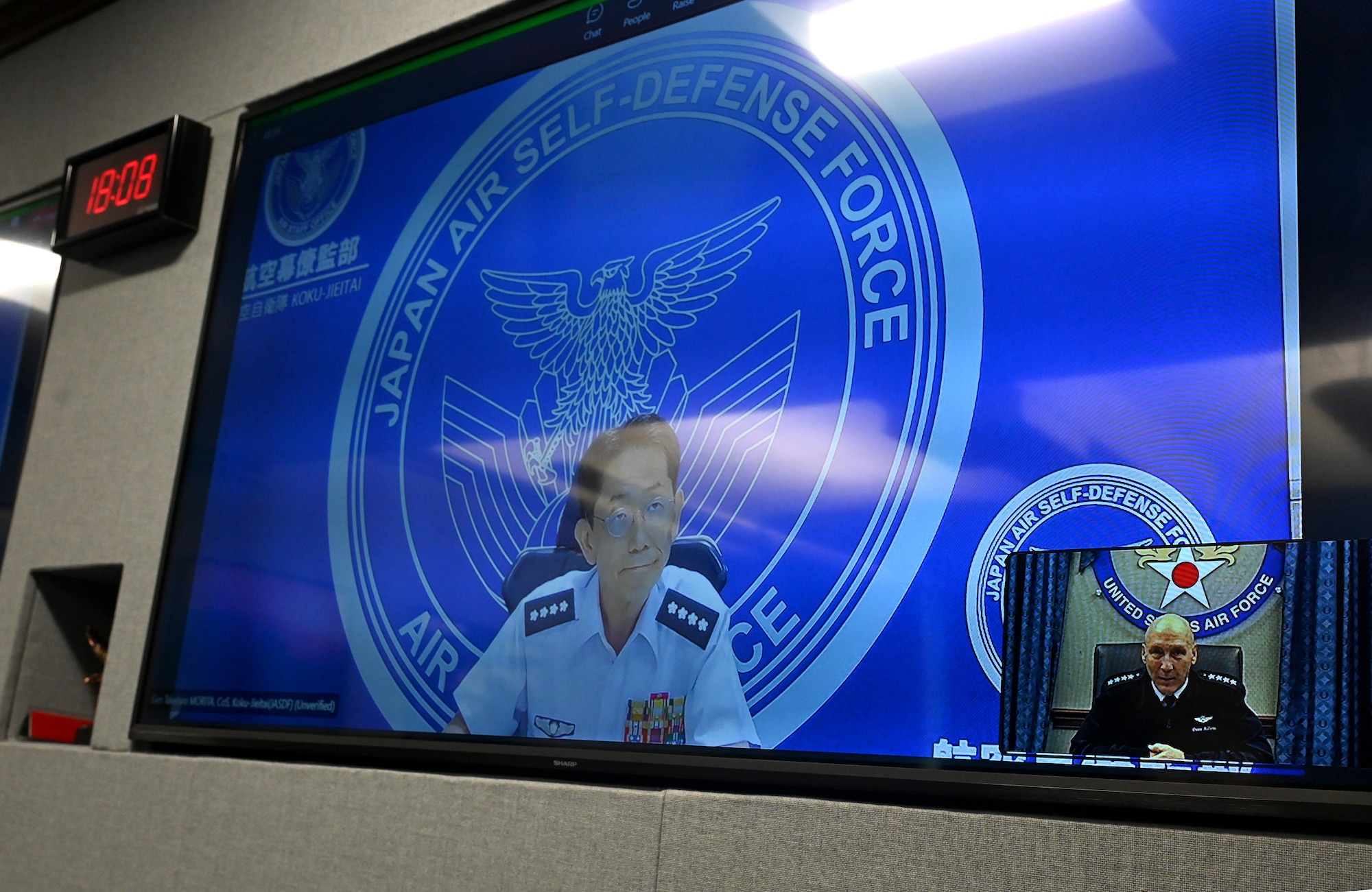 Air Force Chief of Staff Gen. David W. Allvin engages Japan Air Self-Defense Force Chief of Staff Gen. Morita Takehiro in an introductory call at the Pentagon, Arlington, Va., Sept. 8, 2025. The leaders reaffirmed the strength of the U.S.-Japan Alliance, which is the cornerstone of peace and security in the Indo-Pacific region. (Photo by Chad Trujillo)