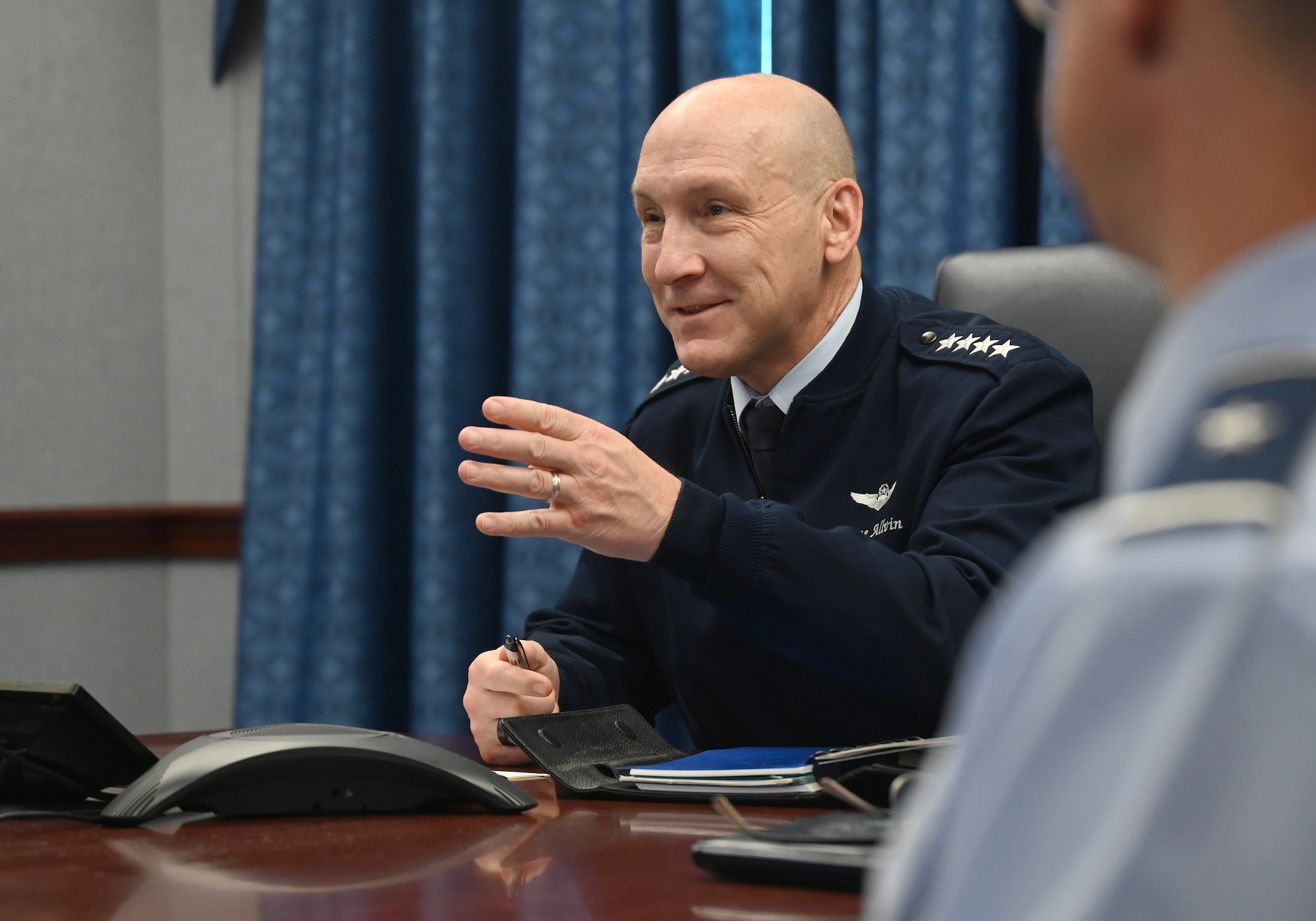 Air Force Chief of Staff Gen. David W. Allvin engages Japan Air Self-Defense Force Chief of Staff Gen. Morita Takehiro in an introductory call at the Pentagon, Arlington, Va., Sept. 8, 2025. The leaders reaffirmed the strength of the U.S.-Japan Alliance, which is the cornerstone of peace and security in the Indo-Pacific region. (Photo by Chad Trujillo)