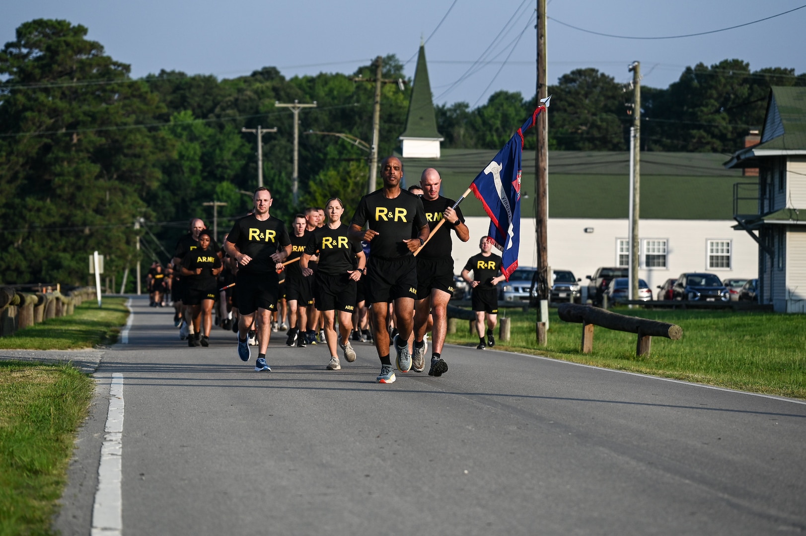 Virginia Army National Guard Soldiers assigned to the state’s Recruiting and Retention Battalion conduct a battalion run June 27, 2025, at the State Military Reservation in Virginia Beach, Virginia. The battalion came together for a week of training at SMR to focus on professional development, sharing best practices and building esprit de corps. (U.S. Army National Guard photo by Sgt. 1st Class Terra C. Gatti)