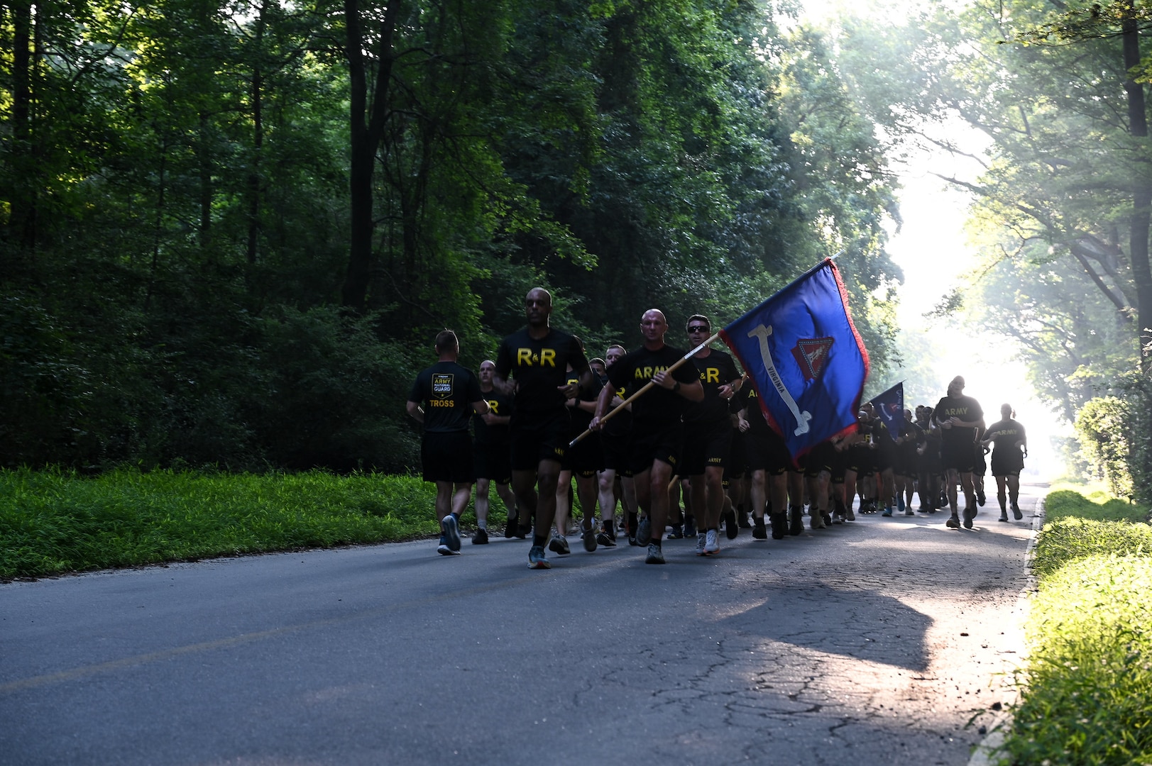 Virginia Army National Guard Soldiers assigned to the state’s Recruiting and Retention Battalion conduct a battalion run June 27, 2025, at the State Military Reservation in Virginia Beach, Virginia. The battalion came together for a week of training at SMR to focus on professional development, sharing best practices and building esprit de corps. (U.S. Army National Guard photo by Sgt. 1st Class Terra C. Gatti)